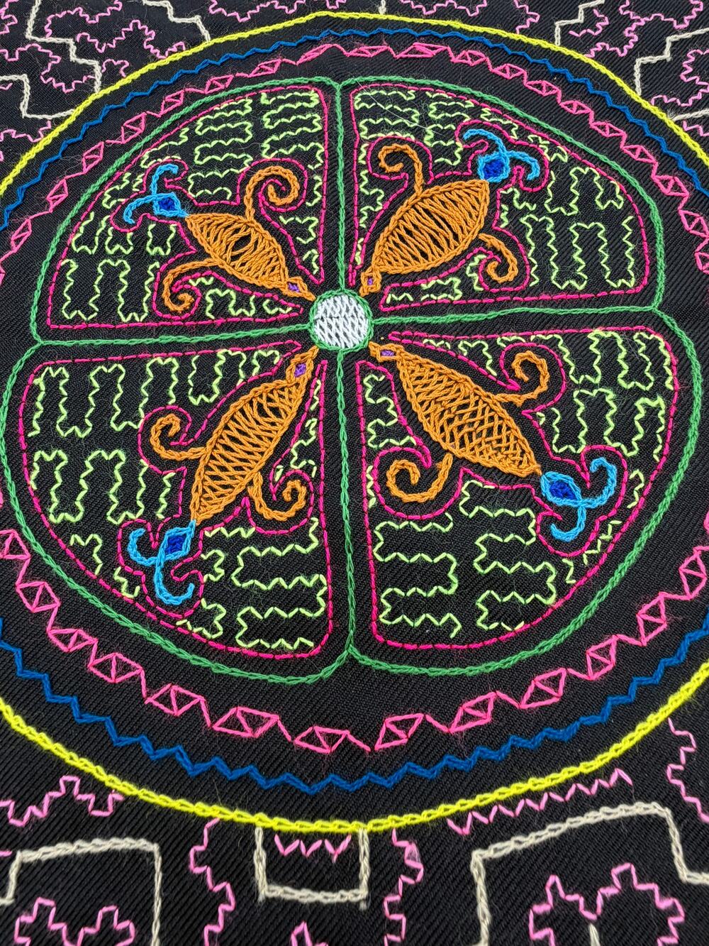 Shipibo Native Hand embroidery kene design , textile 16” x 20”